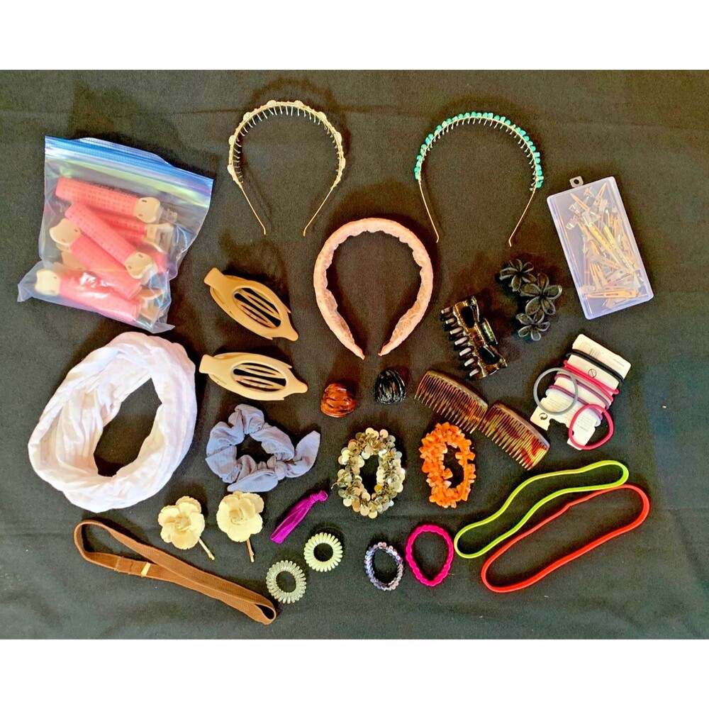 Hair Accessories Lot Bundle Assortment 28+ Headband Scrunchies Comb Clips Curler